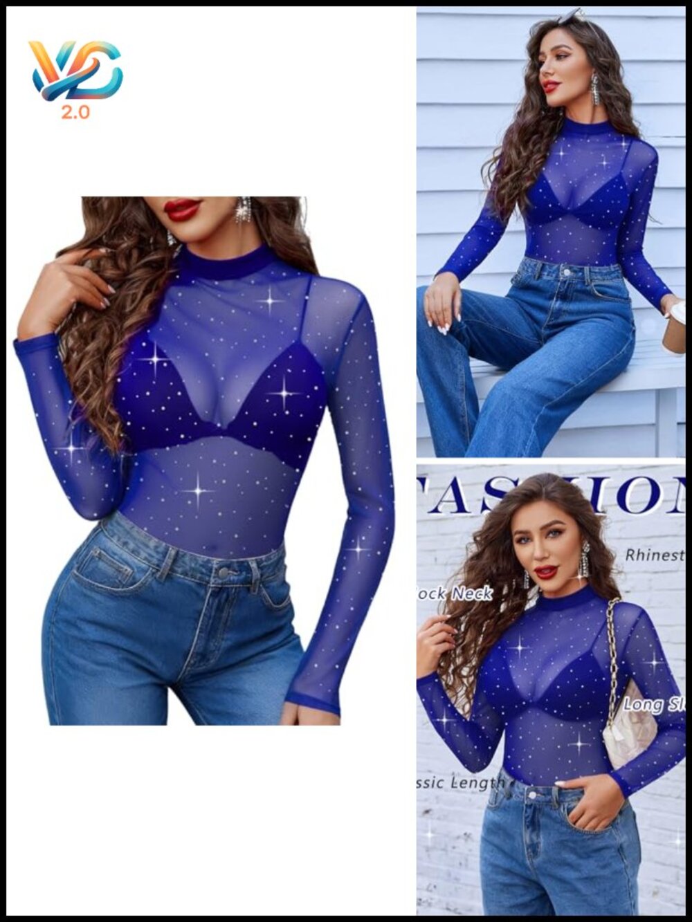 Mesh Long Sleeve Rhinestone Sheer See Through Sparkle Top Clubwear
